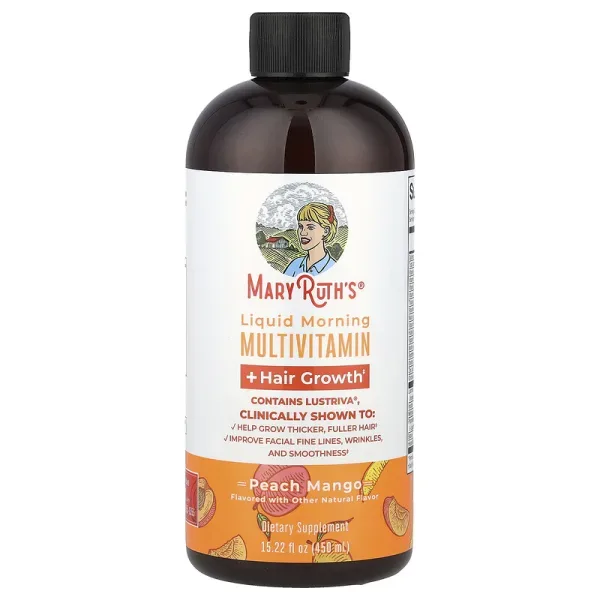 Liquid Morning Multivitamin + Hair Growth, Peach Mango, 15.22 fl oz (450 ml)