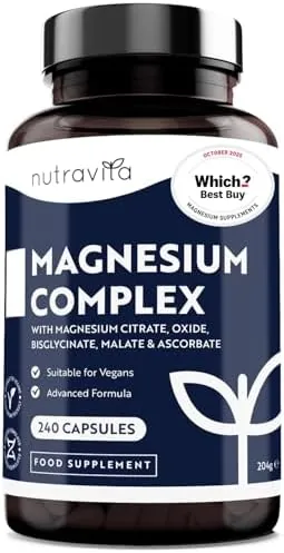 Nutravita Magnesium Supplements 5-in-1 Complex 1146mg - Which? Best Buy 2025-240 High Strength Capsules - 400mg Elemental Magnesium: Bisglycinate, Citrate, Malate, Oxide, Ascorbate - Muscles & Sleep
