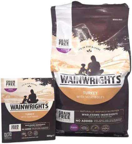 Grain Free Puppy Complete Turkey and Vegetables 2KG COMBINED 1 WET TRAY - Hypoallergenic Nutriment Premium Dry Dog Food For Sensitive General Stomach Digestion